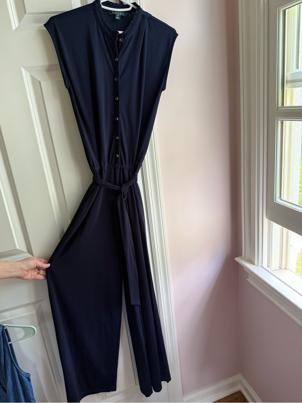 Ralph Lauren Navy Button-Front Jumpsuit with Tie Belt